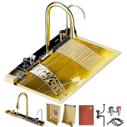 FIVIXIL Küchenspüle Whale Doppel-Wasserfallspüle mit LED-Display mit Tassenwaschmaschine, Seifenspender, Wasserfallmischer, Bedienelementen auf der Arbeitsplatte usw. (75 * 46 * 22cm, Gold) von FIVIXIL