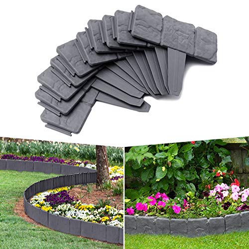 FIVMEN 7,5M Rasenkante Kunststoff Beeteinfassung T-Form Beetumrandung mit Bodenspieß & Schnalle, Flexible Schneidebar Gartenpalisade, Dunkelgrau (30pcs, 25x23cm) von FIVMEN