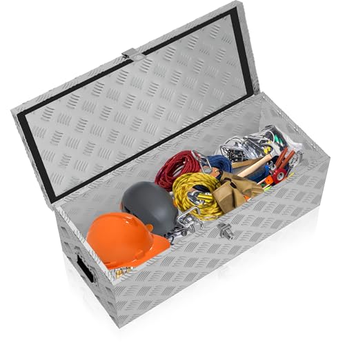 FIVMEN Alubox mit Deckel Aluminium Transportbox Werkzeugkasten mit Schloss & Schlüsseln & Griff Werkzeugbox Transportkoffer Alukiste 99x33x26cm, Silber von FIVMEN