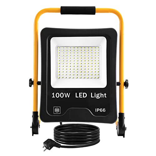 FIVMEN Baustrahler 100W 8500LM LED Strahler Arbeitsleuchte mit Standgestell und 3m Kabel Stecker Baulampe Arbeitsscheinwerfer Wasserdicht IP66 für Garage Werkstatt Baustelle, Kaltweiß von FIVMEN