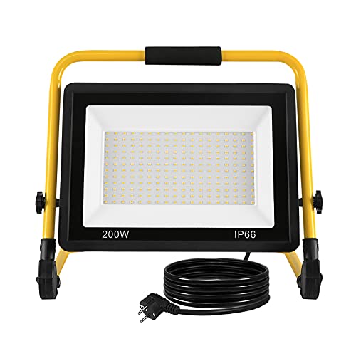 FIVMEN Baustrahler 200W 16000LM LED Strahler Arbeitsleuchte mit Standgestell und 3m Kabel Stecker Baulampe Flutlicht IP66 Wasserdicht für Werkstatt Baustelle Garage, Warmweiß von FIVMEN