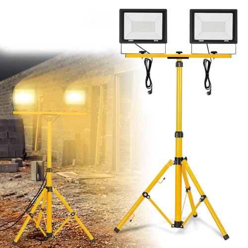 FIVMEN Baustrahler 2x100W 8500LM LED Strahler Arbeitsleuchte mit Stativ und 3m Kabel Stecker Baulampe Flutlicht Wasserdicht IP66 für Garage Werkstatt Baustelle, Warmweiß von FIVMEN