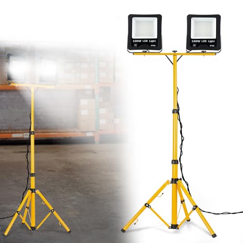 FIVMEN Baustrahler 2x100W 8500LM LED Strahler Arbeitsleuchte mit Verstellbarer Stativ und 3m Kabel Stecker Baulampe Arbeitsscheinwerfer Wasserdicht IP66 für Garage Werkstatt Baustelle, Kaltweiß von FIVMEN