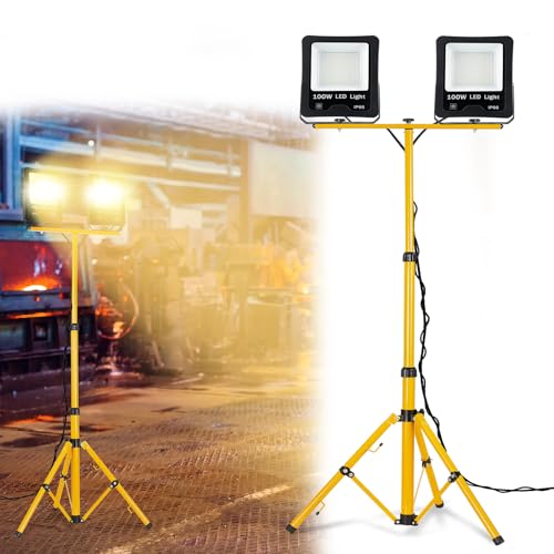 FIVMEN Baustrahler 2x100W 8500LM LED Strahler Arbeitsleuchte mit Verstellbarer Stativ und 3m Kabel Stecker Baulampe Arbeitsscheinwerfer Wasserdicht IP66 für Garage Werkstatt Baustelle, Warmweiß von FIVMEN
