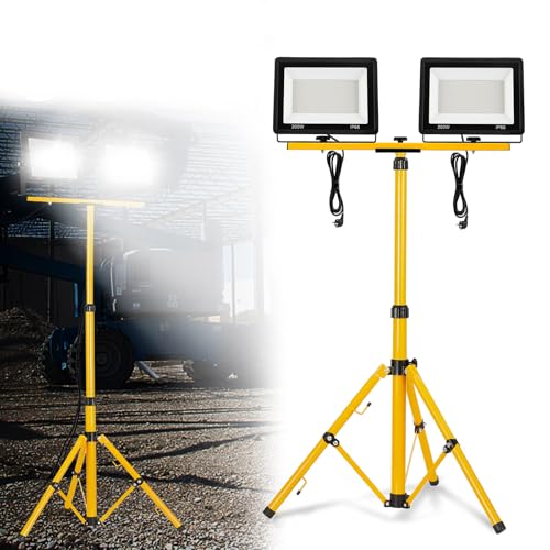 FIVMEN Baustrahler 2x200W 16000LM LED Strahler Arbeitsleuchte mit Stativ und 3m Kabel Stecker Baulampe Flutlicht Wasserdicht IP66 für Garage Werkstatt Baustelle, Kaltweiß von FIVMEN