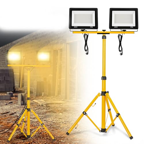 FIVMEN Baustrahler 2x200W 16000LM LED Strahler Arbeitsleuchte mit Stativ und 3m Kabel Stecker Baulampe Flutlicht Wasserdicht IP66 für Garage Werkstatt Baustelle, Warmweiß von FIVMEN