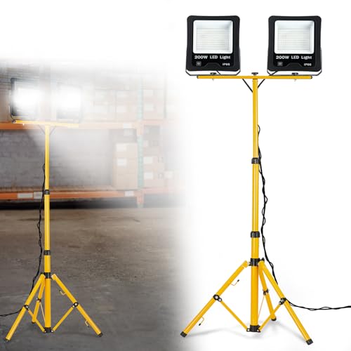 FIVMEN Baustrahler 2x200W 16000LM LED Strahler Arbeitsleuchte mit Verstellbarer Stativ und 3m Kabel Stecker Baulampe Arbeitsscheinwerfer Wasserdicht IP66 für Garage Werkstatt Baustelle, Kaltweiß von FIVMEN