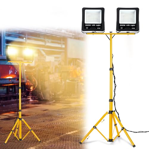 FIVMEN Baustrahler 2x200W 16000LM LED Strahler Arbeitsleuchte mit Verstellbarer Stativ und 3m Kabel Stecker Baulampe Arbeitsscheinwerfer Wasserdicht IP66 für Garage Werkstatt Baustelle, Warmweiß von FIVMEN