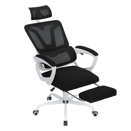 FIVMEN Bürostuhl Ergonomisch Schreibtischstuhl mit Verstellbare Kopfstütze und Lordosenstütze Drehstuhl Computerstuhl Chefsessel Höhenverstellbar 90°-135°mit Fußstütze, Schwarz von FIVMEN