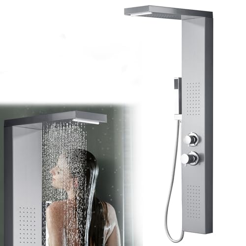 FIVMEN Duschsystem Duschpaneel Multifunktional 4-Funktion 304 Edelstahl Dusche mit Regendusche Handbrause Massagedusche Wasserfalldusche, Duschsäule Innen/Außendusche Duschset, Silber von FIVMEN