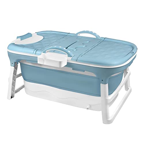 FIVMEN Faltbare Badewanne Erwachsene 118x60x53cm Klappbadewanne mit Abdeckung und Korb Mobile Foldable Bathtub Freistehende für Badezimmer, Dusche und Balkon, Blau von FIVMEN