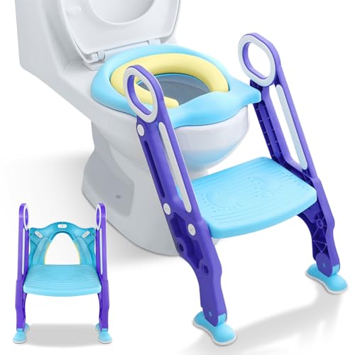 FIVMEN Faltbare Töpfchen Trainer für Kinder Toilettensitze mit Trittschemel Treppen Baby Lerntöpfchen Wc-Sitz mit PU Kissen & Griffen Töpfchen Tragfähigkeit bis 75KG Toilettentrainer (Lila) von FIVMEN