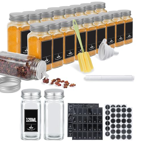 FIVMEN Gewürzgläser Eckig 120ML 12er Set Gewürzbehälter Gewürzdosen Glas mit Etiketten, Trichter, Reinigungsbürste und Aluminiumdeckel Spice Jars Gewürzstreuer Luftdichte von FIVMEN