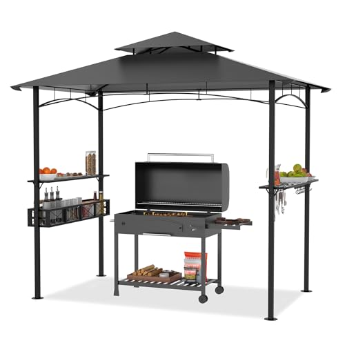 FIVMEN Grillpavillon 244x138x250 cm BBQ Grill Pavillon Gartenpavillon mit Bartresen und Doppelschichtdach Gartenlauben Gartenzelt Partyzelt UV-Schutz, Grau von FIVMEN