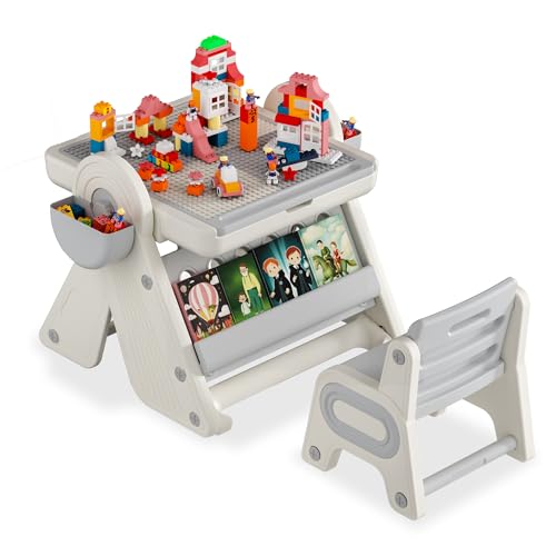 FIVMEN Kindertisch mit 1 Stühlen Spieltisch mit Stauraum und Kompatibler Bausteine Faltbar Kinder Tisch Stuhl Set Kindersitzgruppe für Kinder ab 2 Jahre von FIVMEN