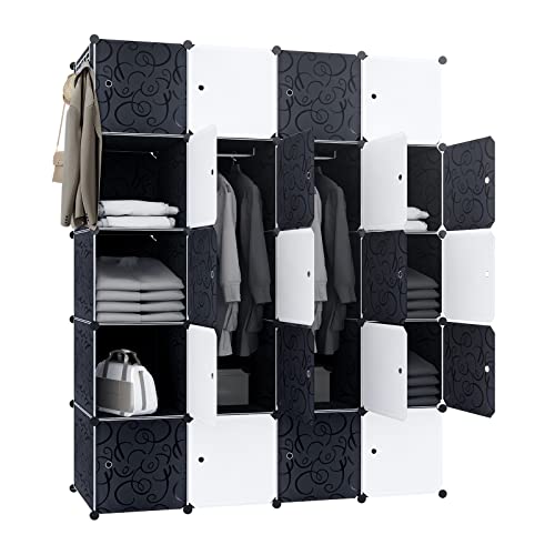 FIVMEN Kleiderschrank Schwarz Weiß Garderobenschrank Steckregalsystem mit 20 Würfel DIY Kleiderschränke Kunststoffschrank mit Tür Regalsystem Schrank Standregal 145 cm Breit von FIVMEN