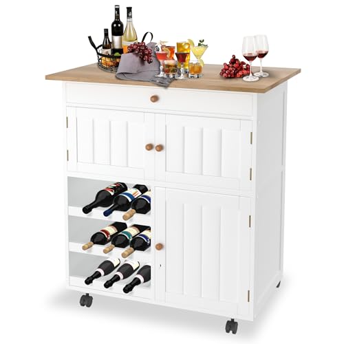 FIVMEN Küchenschrank mit Rollen Weiß Kücheninsel mit Arbeitsplatte Küchenwagen Servierwagen aus Holz inkl. Weinregal Mobile Küchenregal Kitchen Cabinet, 85x70x40 cm von FIVMEN
