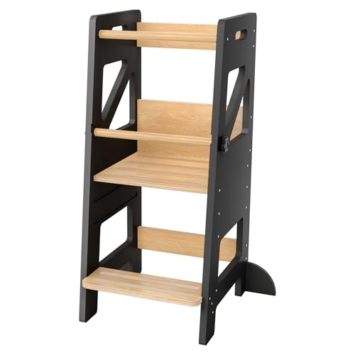 FIVMEN Lernturm ab 1 Jahr Learning Tower Tritthocker Kinder Höhenverstellbar Rutschfester mit Doppelter Sicherheitsbarriere Entdeckerturm Küchenhelfer, bis zu 60kg belastbar, Schwarz von FIVMEN
