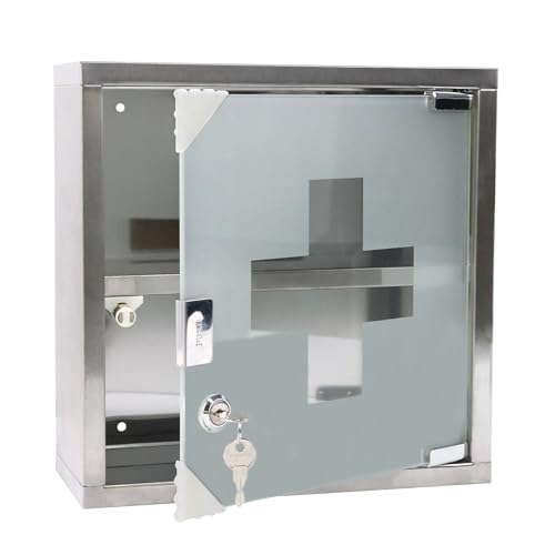 FIVMEN Medizinschrank Edelstahl 2 Fächer Medikamenten Aufbewahrung Apothekerschrank Hängend mit Glas Tür and 2 Schlüssel Abschließbar Medikamentenschrank Arzneischrank, 30x30 cm von FIVMEN