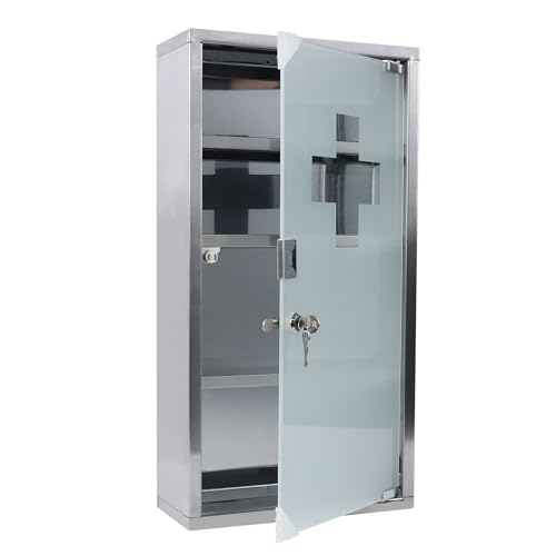 FIVMEN Medizinschrank Edelstahl 4 Fächer Medikamenten Aufbewahrung Apothekerschrank Hängend mit Glas Tür and 2 Schlüssel Abschließbar Medikamentenschrank Arzneischrank, 30x58 cm von FIVMEN