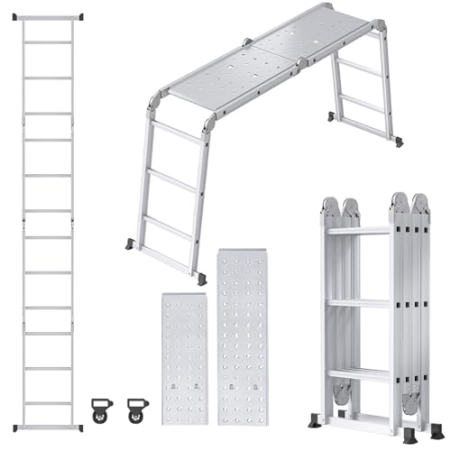 FIVMEN Mehrzweckleiter 6 in 1 Multifunktionsleiter Teleskopleiter mit 2 Gerüstplatten und 2 Rolle Trittleiter Stehleiter Haushaltsleiter Aluminium, 4x4 von FIVMEN