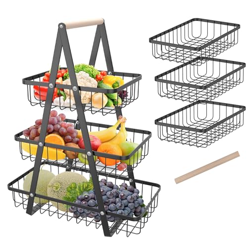 FIVMEN Obstkorb Obst Etagere 3 Stöckig Schwarz mit Holzgriff und Hohler Korb Metall Abnehmbar Obstschale Brotkorb Obst Aufbewahrung für Obst Gemüse Snacks von FIVMEN