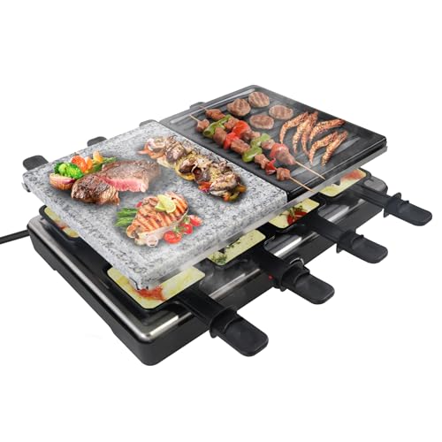 FIVMEN Raclette 8 Personen Raclette Grill 1400W mit 8 Pfännchen, 2 Granitplatte & Antihaftplatte Electric Grill Tischgrill Partygrill Elektrogrill Temperaturregulierung für Grillen von FIVMEN