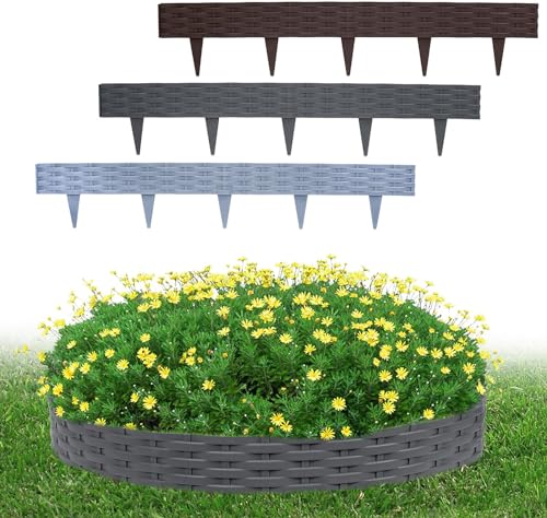 FIVMEN Rasenkante Beeteinfassung Kunststoff Beetumrandung Beetbegrenzung Mähkante Rattan-Optik Flexible Gartenpalisade Rasenkantenband 10cm hoch - 10M 10 Stück, Grau von FIVMEN