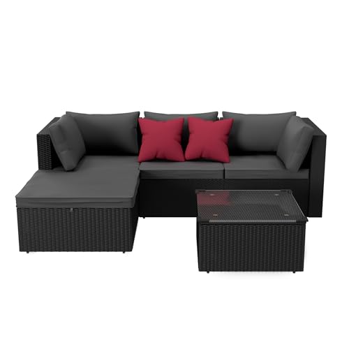 FIVMEN Rattan Gartenmöbel Set Loungeset mit Gartensofa, Ecksofa, Esstisch & 7 Kissen Gartengarnitur Gartenmöbelset Sitzgruppe Outdoor Freie Kombination Gartenlounge Set von FIVMEN
