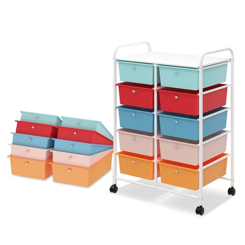 FIVMEN Rollwagen Rollcontainer mit 10 Schubladen Bastelwagen Organizer Schubladenwagen Badregal mit Metallgestell und Ablagefläche Aufbewahrungswagen, Doppelt Reiht von FIVMEN
