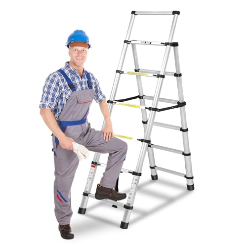 FIVMEN Teleskopleiter 1,7+2 M Klappbare Trittleiter 6+7 Stufen Leiter Stehleiter Ausziehbar Aluminium Klappleiter Aluleiter Haushaltsleiter 150 kg Tragfähigkeit, Silber von FIVMEN