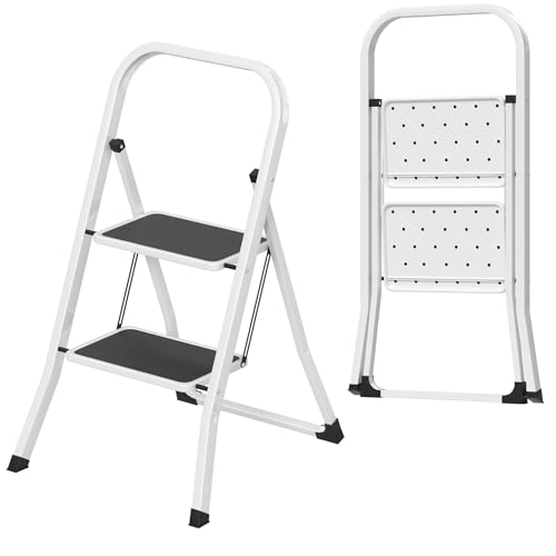 FIVMEN Trittleiter 2 Stufen Klappbar Leiter Klappleiter Treppenleiter Klapptritt Haushaltsleiter Tritthocker mit Breitem Trittbrett 30x20 cm bis 150 kg Belastbar, Schwarz+Weiß von FIVMEN