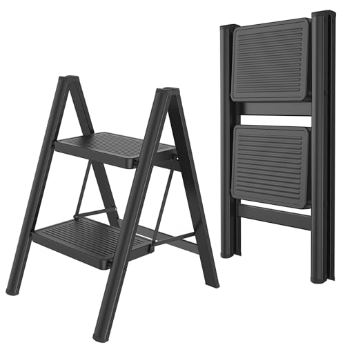 FIVMEN Trittleiter 2 Stufen Klappbar Leiter Klappleiter Treppenleiter Klapptritt Haushaltsleiter Tritthocker mit Breitem Trittbrett 30x20 cm bis 270 kg Belastbar, Schwarz von FIVMEN