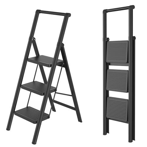 FIVMEN Trittleiter 3 Stufen Klappbar Leiter Klappleiter Treppenleiter Klapptritt Haushaltsleiter Tritthocker mit Breitem Trittbrett 30x20 cm und Handläufen bis 270 kg Belastbar, Schwarz von FIVMEN