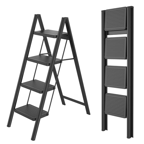 FIVMEN Trittleiter 4 Stufen Klappbar Leiter Klappleiter Treppenleiter Klapptritt Haushaltsleiter Tritthocker mit Breitem Trittbrett 30x20 cm bis 270 kg Belastbar, Schwarz von FIVMEN
