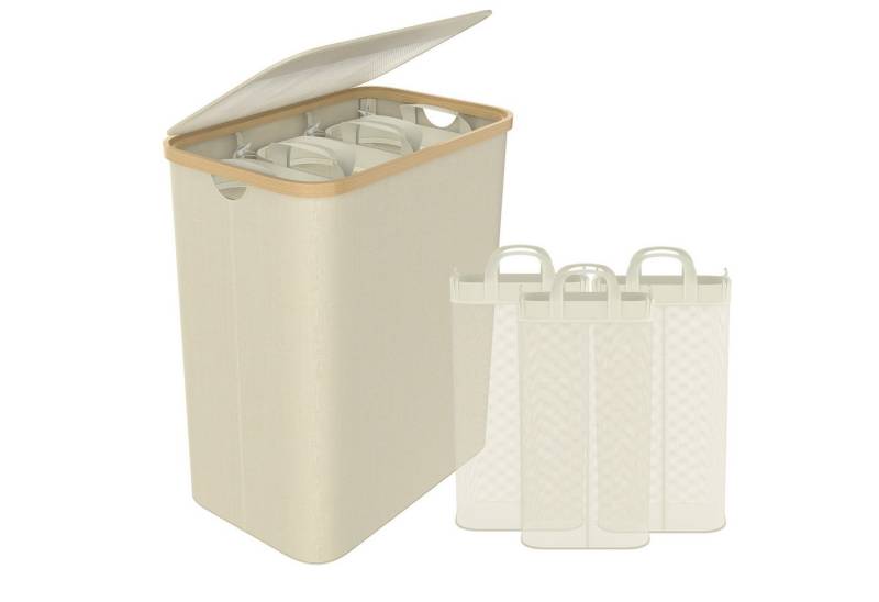 FIVMEN Wäschekorb 140L mit Deckel zur einfachen Trennung, Faltbar Wäschesammler 3 Fächer (Set, Wäschesortierer Wäschesack Wäscheboxen) von FIVMEN