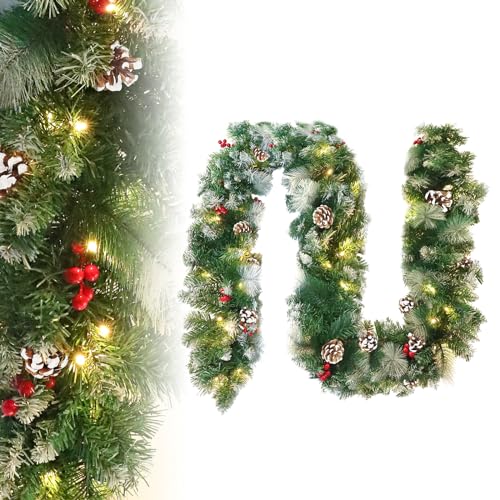 FIVMEN Weihnachtsgirlande mit Beleuchtung 500 cm Tannengirlande Weihnachtskranz Türkranz Weihnachten Stecker Stromversorgung mit Tannenzapfen Rote Beere und Schneeflocken Weihnachtsdeko Aussen von FIVMEN