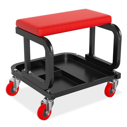 FIVMEN Werkstatthocker mit Rollen Werkstatt Hocker Rollhocker mit Ablagefläche Werkstattstuhl Arbeitshocker Rollsitz Garagenhocker Tragfähigkeit 150 kg, 36x36x35 cm von FIVMEN