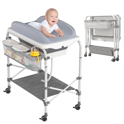 FIVMEN Wickelkommode Baby Mobile Klappbare Wickeltisch mit Rollen Wickelkombi mit Ablagefächern und Wasserbecken Baby Changing Table 50 kg Tragfähigkeit, Grau von FIVMEN