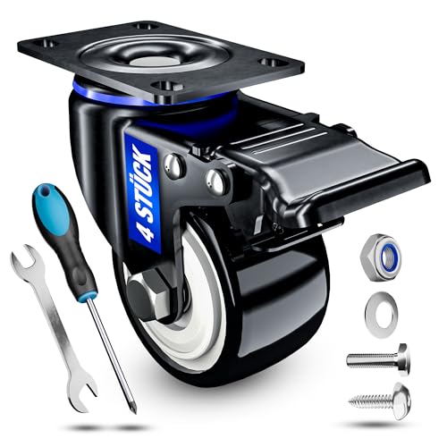 FIXCRAFT Hochwertige Schwerlastrollen mit Bremse [4 Stk] - Möbelrollen mit Bremse mit 50mm, 75mm, 100mm - Lenkrollen bis 400kg, Transportrollen für Möbel & Industrie - Rollen Schwerlast von FIXCRAFT