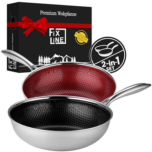 FIXLINE® 2-teiliges Wokpfannen-Set 28 cm – Black Forest Design in Schwarz & Rot – kratzfeste Waben-Antihaftbeschichtung – für Induktion & alle Herdarten – backofengeeignet bis 230 °C von FIXLINE