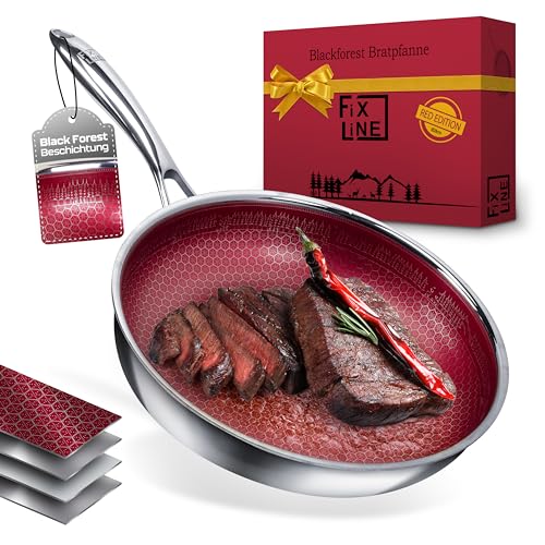 FIXLINE® BLACK FOREST Servierpfanne 28cm - RED Edition - kratzfeste Beschichtung ohne PTFE - alle Herdarten inkl. Induktion - Backofengeeignet bis 230°C - Einfache Reinigung - Neuheit 2025 von FIXLINE