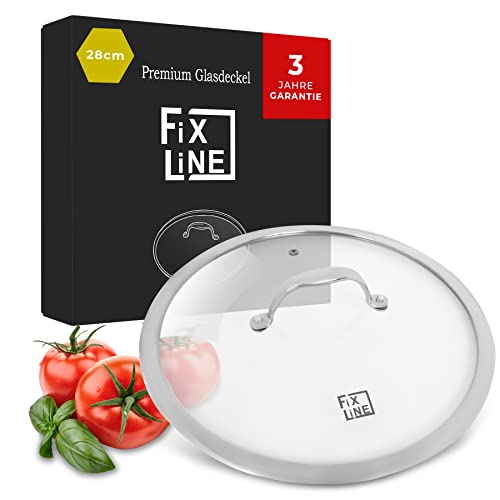 FIXLINE® Glasdeckel 28cm – Universal Topfdeckel aus gehärtetem Glas mit Dampfauslass & Edelstahlrand – Pfannendeckel & Topfdeckel passend für Ø 28 cm Pfannen & Töpfe – Spülmaschinengeeignet von FIXLINE