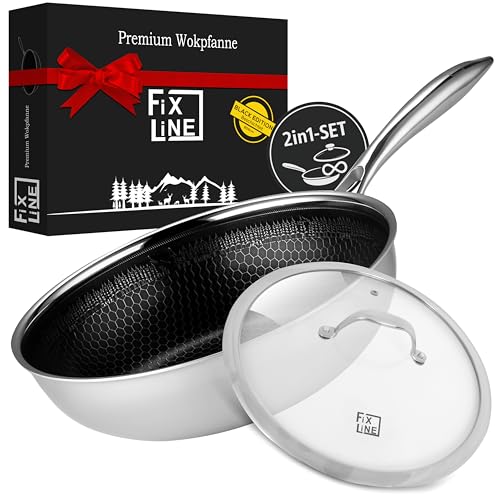 FIXLINE® 2-teiliges Wokpfannen-Set 28 cm – Black Forest Design mit kratzfester Beschichtung & Premium Glasdeckel – für Induktion & alle Herdarten – backofengeeignet bis 230 °C von FIXLINE
