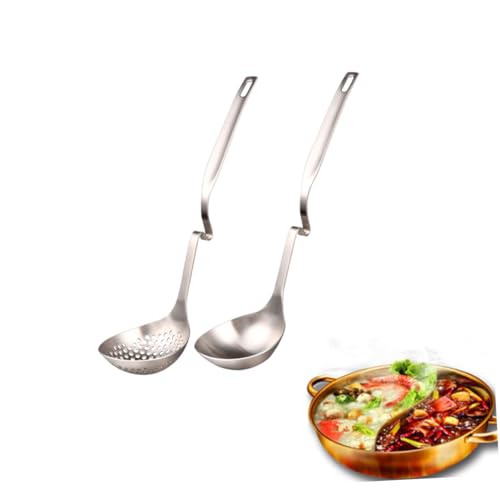 FIXOSHEE 2 Stück Edelstahl Suppenkelle und Schaumlöffel Set Teilig Langer Griff Rostfrei Spülmaschinenfest Servierlöffel mit Schlitzen für Fondue und Hotpot Praktische Küchenhelfer von FIXOSHEE