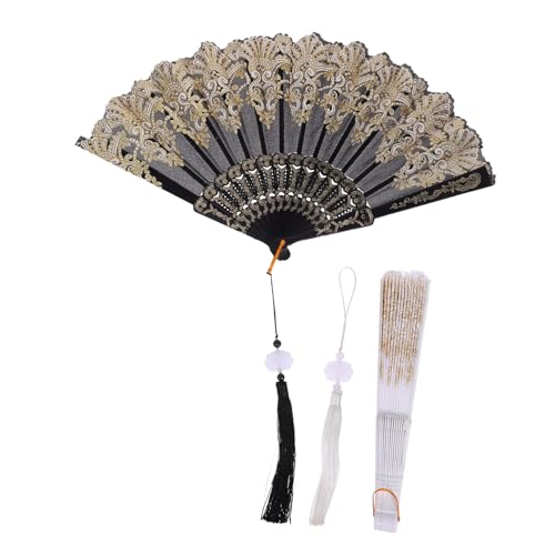 FIXOSHEE 2 Stück Faltbarer Handfächer Teiliges mit Besticktem Muster und Goldfarbenen Quasten Handgehaltener Vintage Fächer für Tanz Party Cosplay und Sommer Eleganter Schwarz Weißer von FIXOSHEE