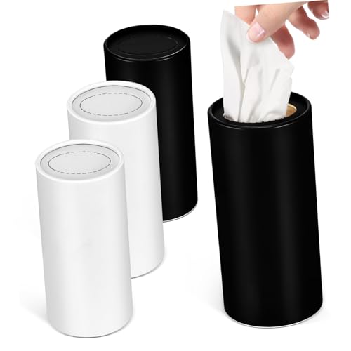 FIXOSHEE 4 Stück Auto Taschentuchspender Zylinderform Runde Papierbox aus Robustem Papierboard Kompakt für Getränkehalter Nahtloses Nachfüllen Minimalistisches Design in Weiß und Schwarz von FIXOSHEE