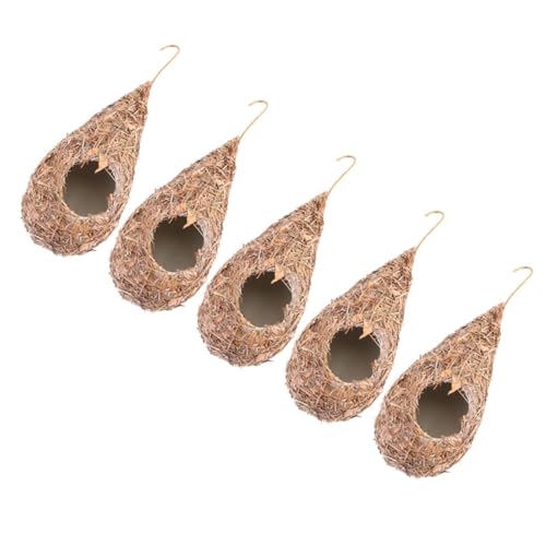 FIXOSHEE 5 Stück Hängende Vogelnester aus Stroh Geflochtenes Vogelhaus Rustikales Brutnest für Wellensittiche und Gartendekoration Wetterfest Naturnah für Innen und Außen von FIXOSHEE