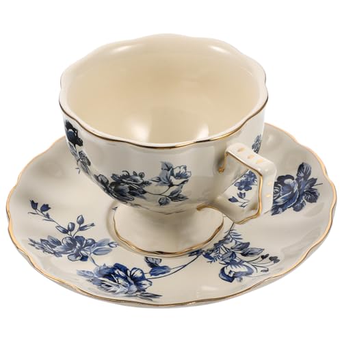 FIXOSHEE Vintage Keramik Kaffeetasse mit Untertasse Großes Mundstück für Kaffee Tee Milch Spülmaschinenfest Stilvoller Europäischer Stil für Zuhause von FIXOSHEE