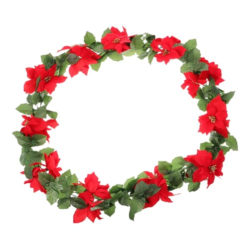 FIXOSHEE Weihnachtsdeko Rattan Girlande mit Roter Poinsettienblüte Dichte Künstliche Blumengirlande als Festliche Dekoration für Tür Fenster Treppe und Garten zu Weihnachten von FIXOSHEE